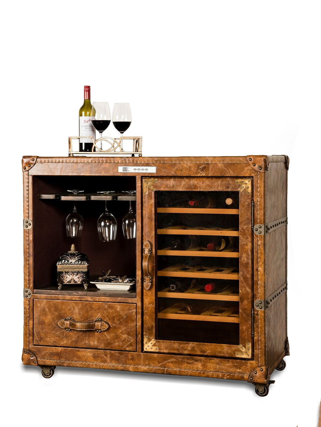 Climate controlled wine storage in antique leather.
