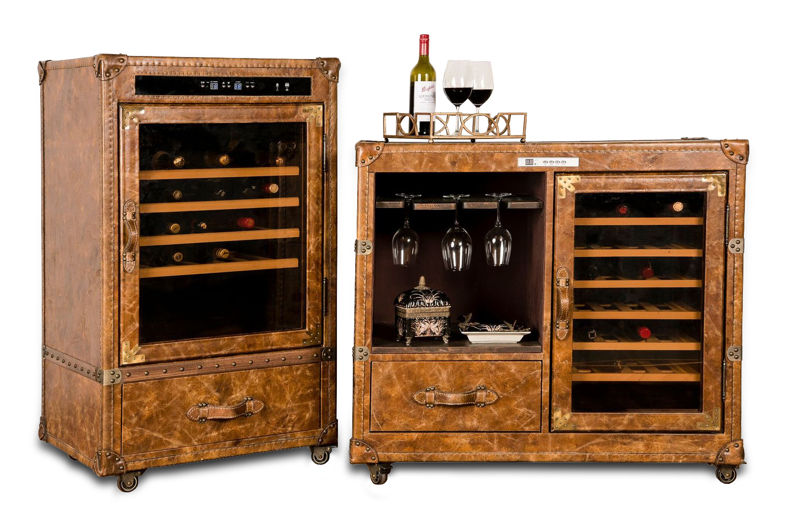 Climate controlled wine storage in antique leather.